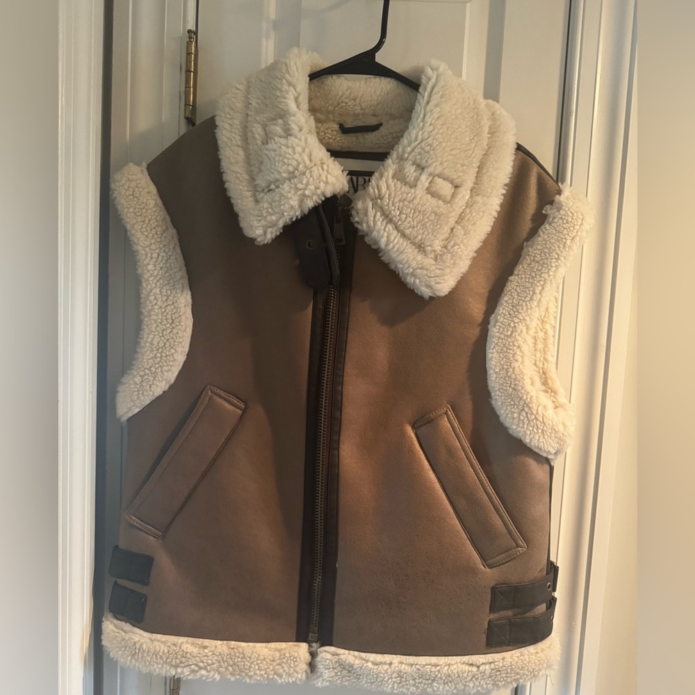 Zara Brown and Cream Shearling Vest